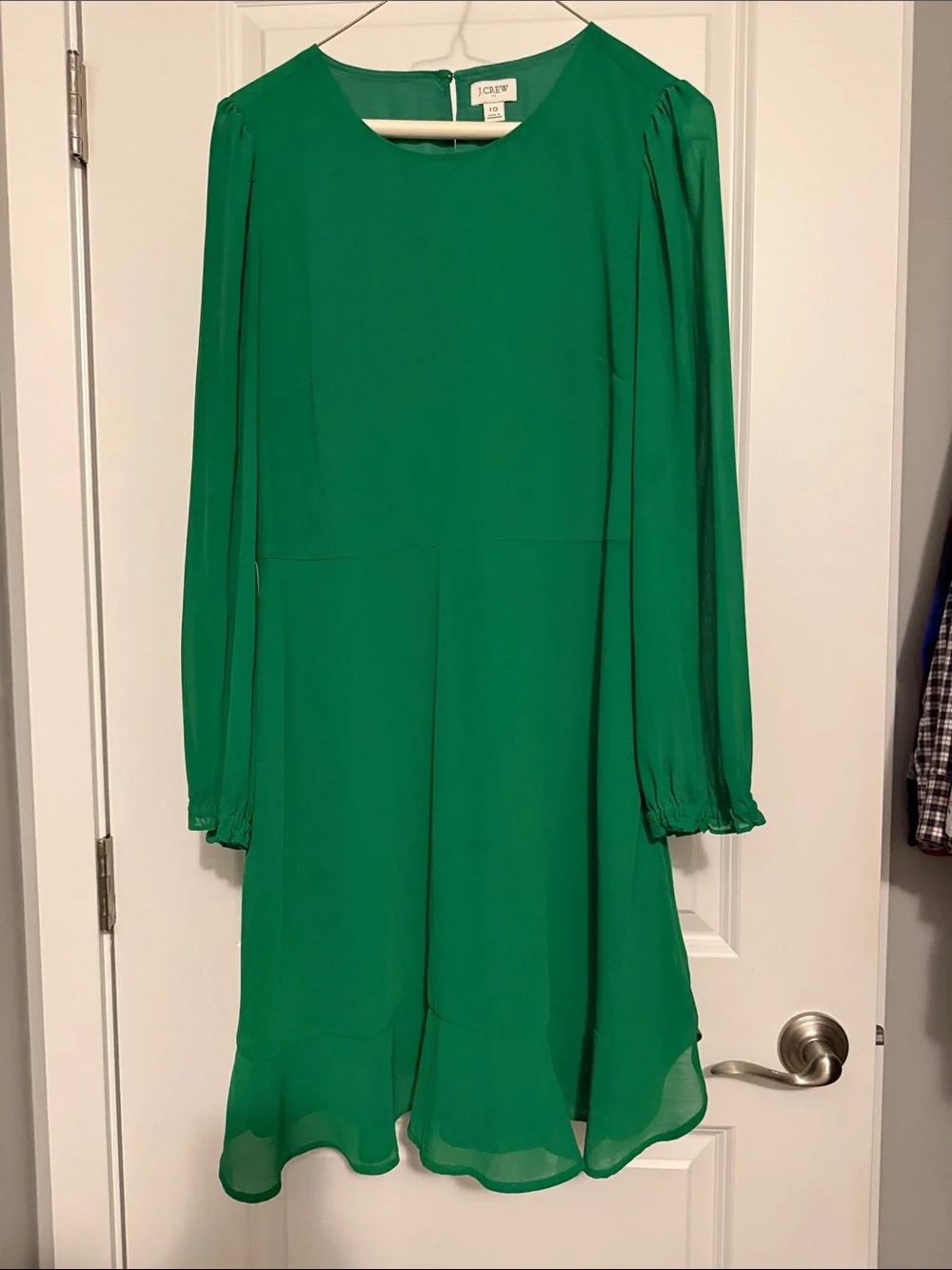 J. Crew Emerald Green Long Sleeve Ruffle-Hem Dress